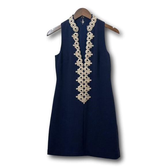 Lilly Pulitzer Callista Shift Dress Navy Gold Lace XS Sleeveless Sold Out - Picture 2 of 8